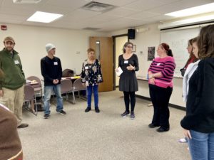 Sarah Chalmers, leading a theater workshop, Fall 2019